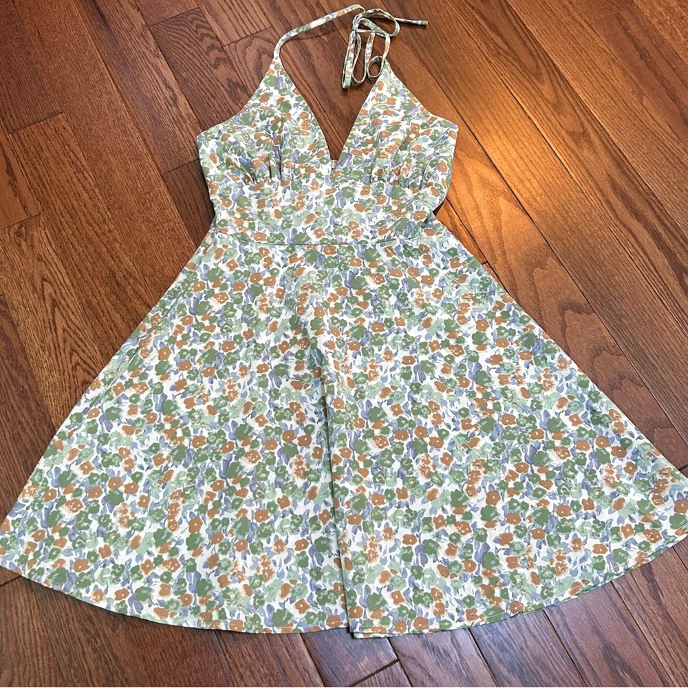 NWT! Cider Bottomless Mimosas Green/Blue/Brown/White Floral Dress - size XS